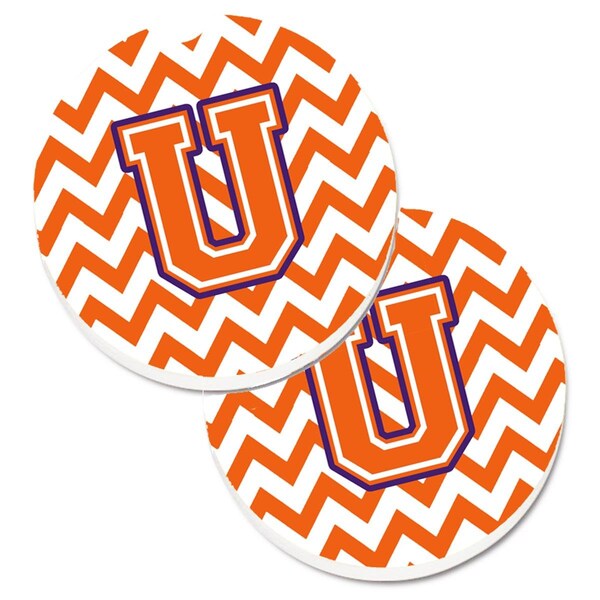 Carolines Treasures Letter U Chevron Orange and Regalia Set of 2 Cup Holder Car Coaster CJ1062-UCARC - main